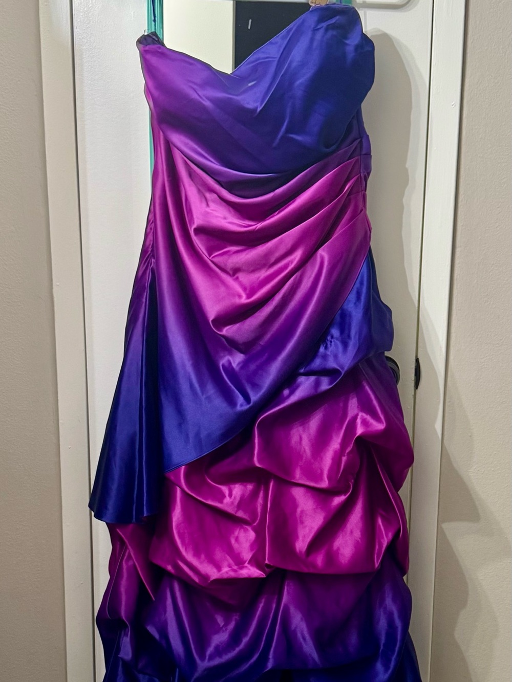 Onyx Nite Strapless Satin Ombre Gown in Purple and Fuchsia